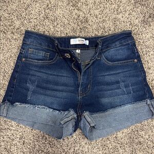 Blue Jean Shorts with Frayed Hem and Cuffed Bottom
